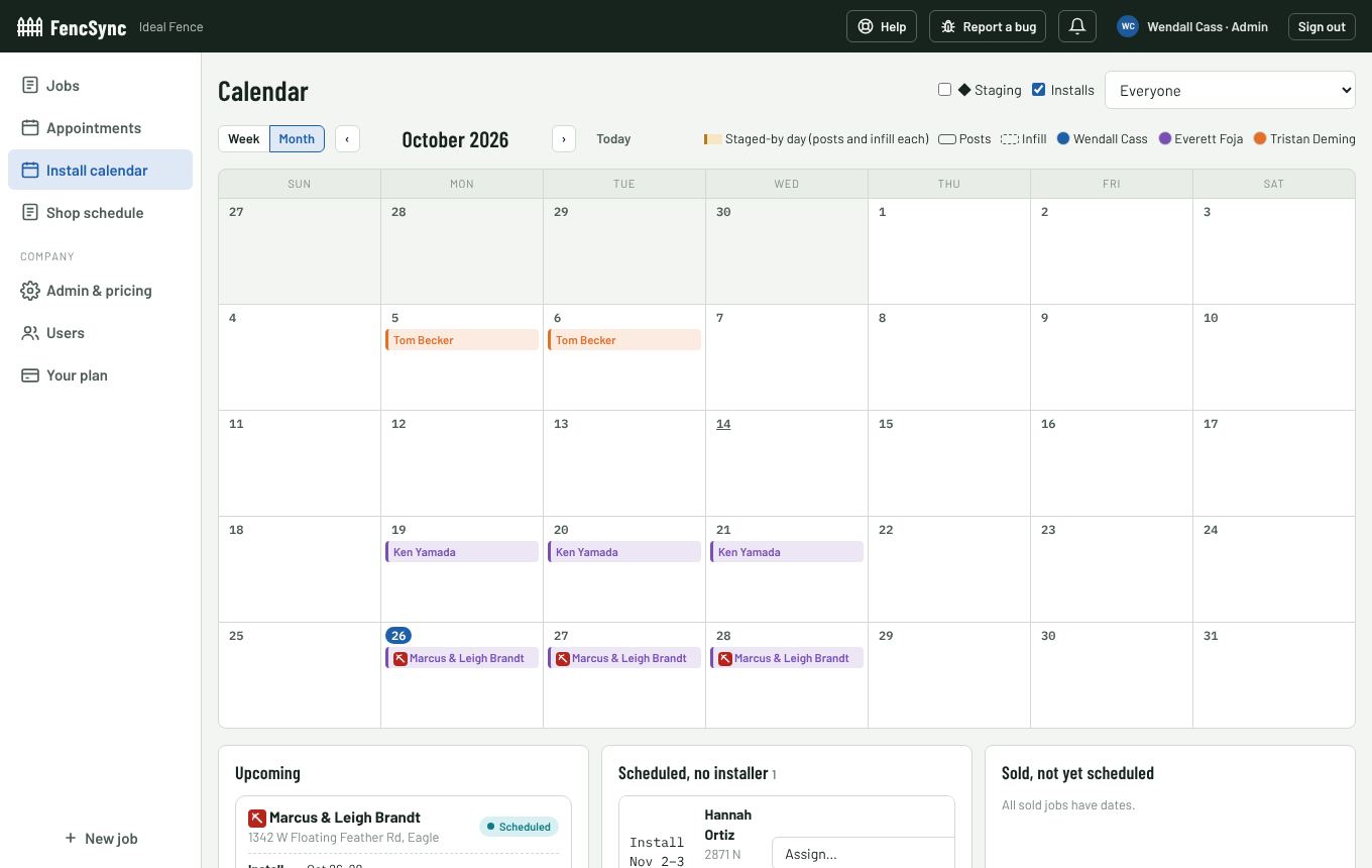 FencSync's install calendar showing jobs booked by installer across a month