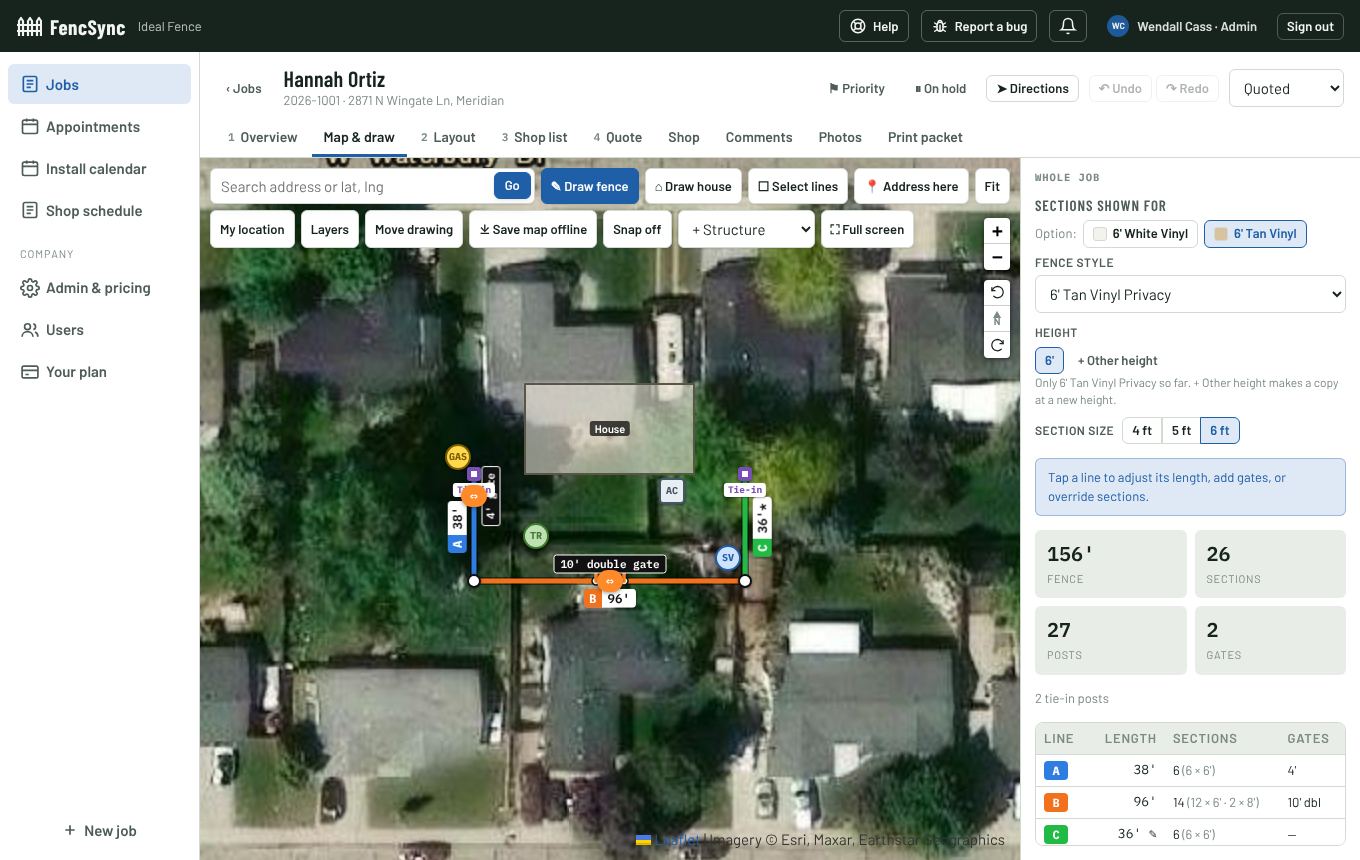 FencSync's map and draw screen: a vinyl privacy fence drawn on a satellite image of a back yard, with a 10 foot double gate, tie-in posts and line lengths